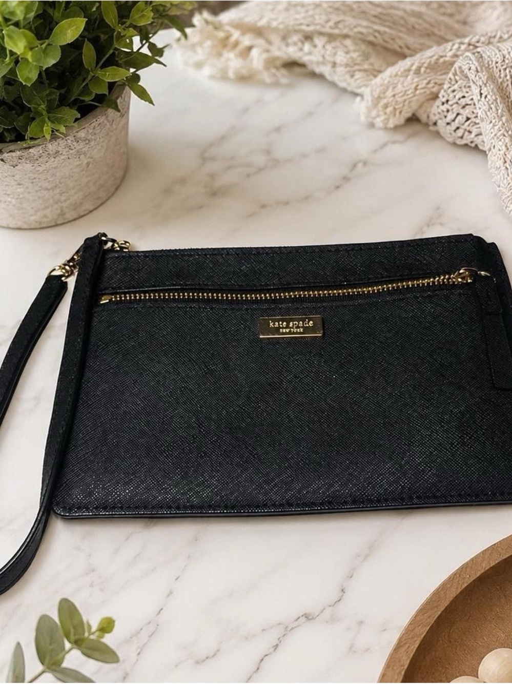 kate spade Black Saffiano Leather Wristlet Clutch with Gold Hardware